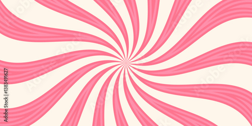 Vector candy pink white pattern. Sweet vortex background. Ice cream sunburst texture. Twisted pink rays. Colored wallpaper. Cream sunbeam design. Spinning lines. Rotating cartoon swirl or whirlpool.