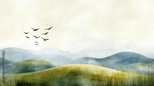 Serene Landscape with Birds in Flight Over Soft Rolling Hills