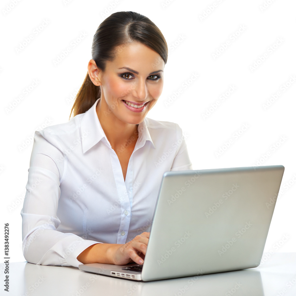 Smiling Woman in White Blouse Working on Laptop Professional and Focused Concept Smiling Woman in White Blouse Working on Laptop Professional and Focused Concept