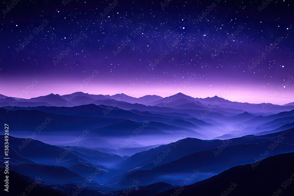 Misty mountain range under a starlit night sky. Vast, purple-toned landscape with a layer of mist enveloping the peaks. A blanket of stars adorns the inky blackness above Misty mountain range under a starlit night sky. Vast, purple-toned landscape with a layer of mist enveloping the peaks. A blanket of stars adorns the inky blackness above
