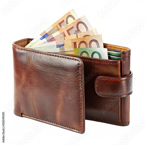 Brown Leather Wallet with Euro Banknotes – Isolated on White Background as Transparent. PNG. AI GENERATED