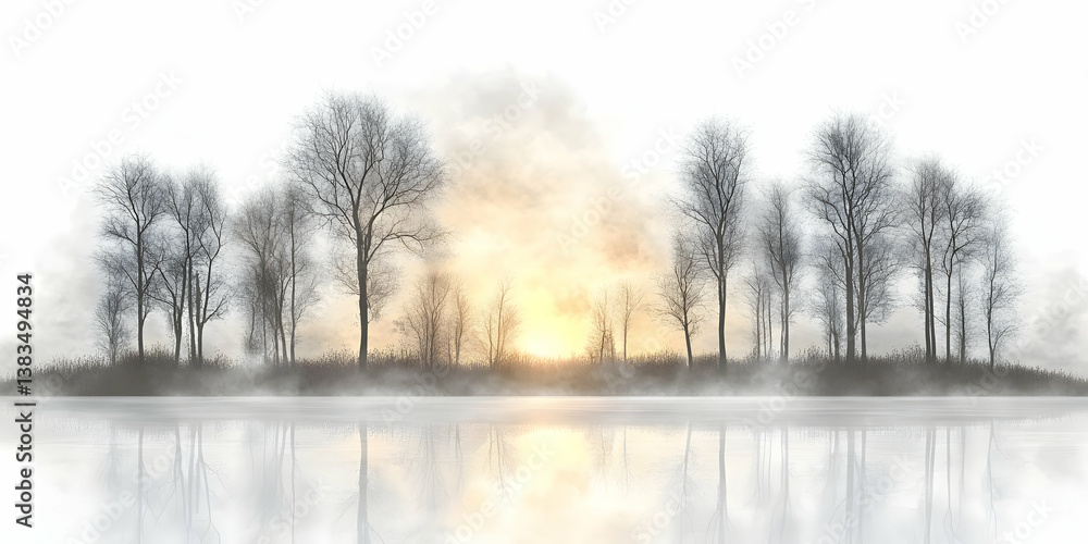 Misty Winter Sunrise Landscape Illustration