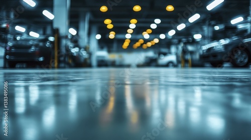 Wallpaper Mural Atmospheric Blurry Parking Garage Interior with Parked Vehicles and Rows of Glowing Lights at Night Torontodigital.ca