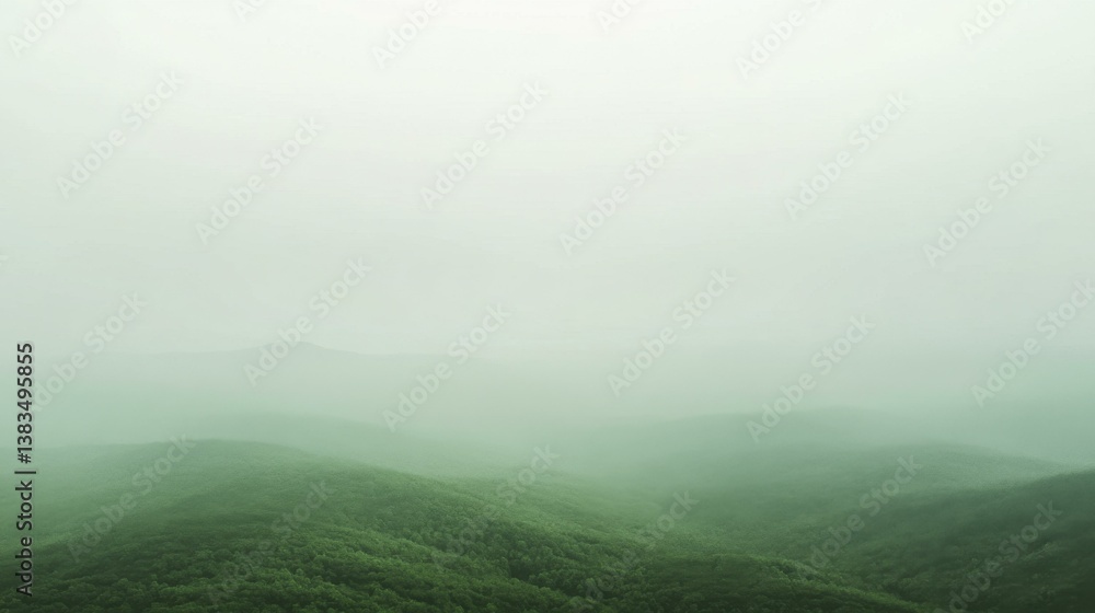 Misty Green Mountain Range with Forested Hills and Peaks in Overcast Weather Misty Green Mountain Range with Forested Hills and Peaks in Overcast Weather