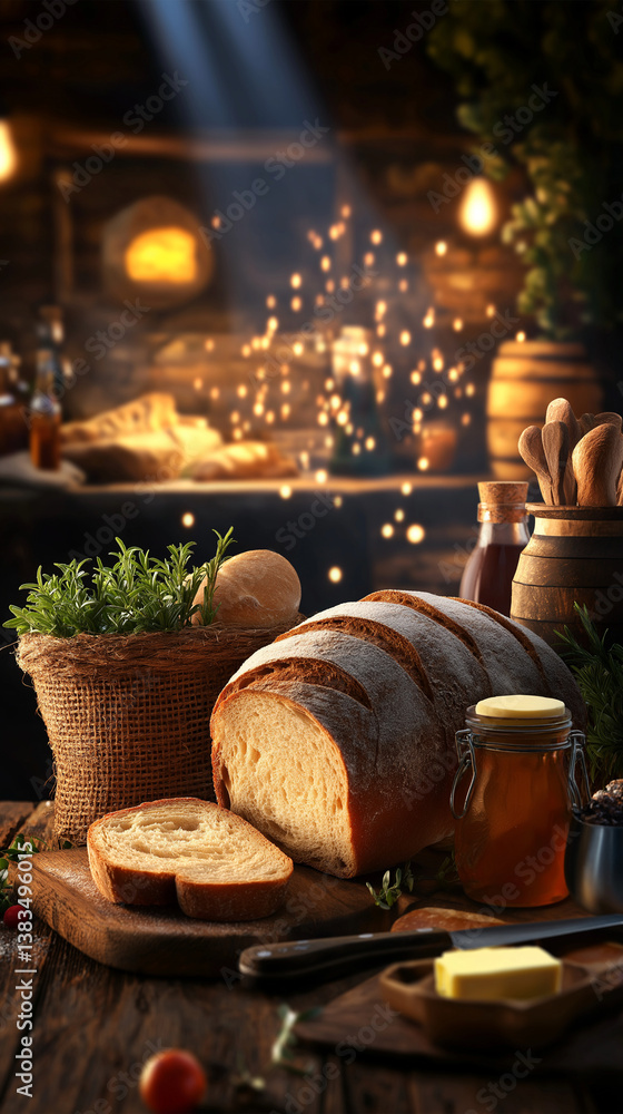 Rustic Bread and Culinary Delights: A close-up of a freshly baked loaf of bread, sliced and ready to enjoy, alongside a selection of artisan ingredients. Rustic Bread and Culinary Delights: A close-up of a freshly baked loaf of bread, sliced and ready to enjoy, alongside a selection of artisan ingredients.