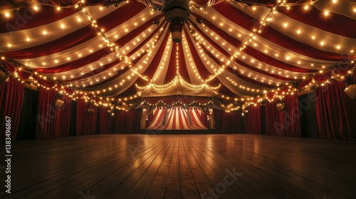 Illuminated Vintage Circus Tent Interior with Empty Stage and String Lights