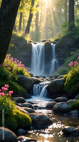 Serene Forest Waterfall with Blossoms and Sunlight Through Trees