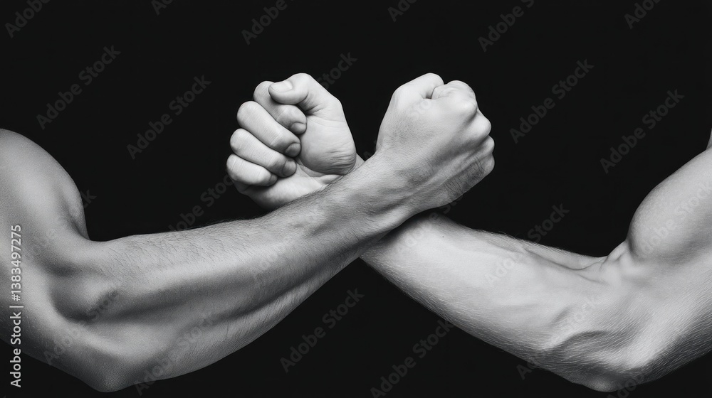 Fototapeta premium Dynamic arm wrestling competition intense showdown black background action photography close-up view strength and skill