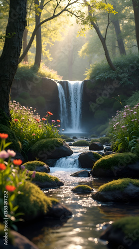 Serene Forest Waterfall with Blossoms and Sunlight Through Trees