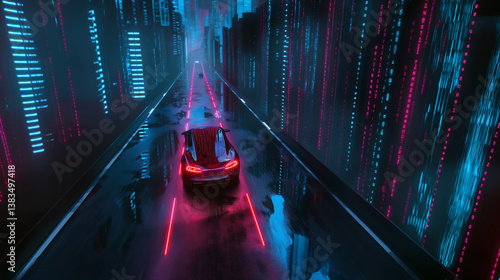 Autonomous electric cars move smoothly on road with graphic design, suggesting future smart city and communication systems on road. Abstract innovation drives sustainability connectivity. Illustration