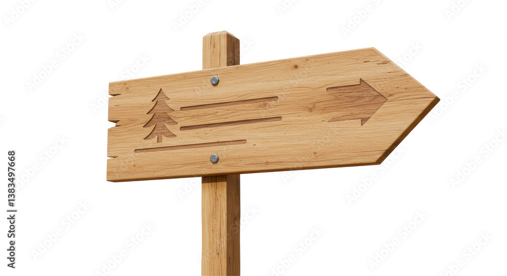 Isolated Wooden Sign Post with Arrow and Tree Carving Isolated Wooden Sign Post with Arrow and Tree Carving