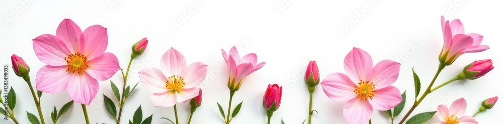 Fototapeta premium Delicate flower blooms on a pure white background, showcasing its intricate details, foliage, petals, flowers