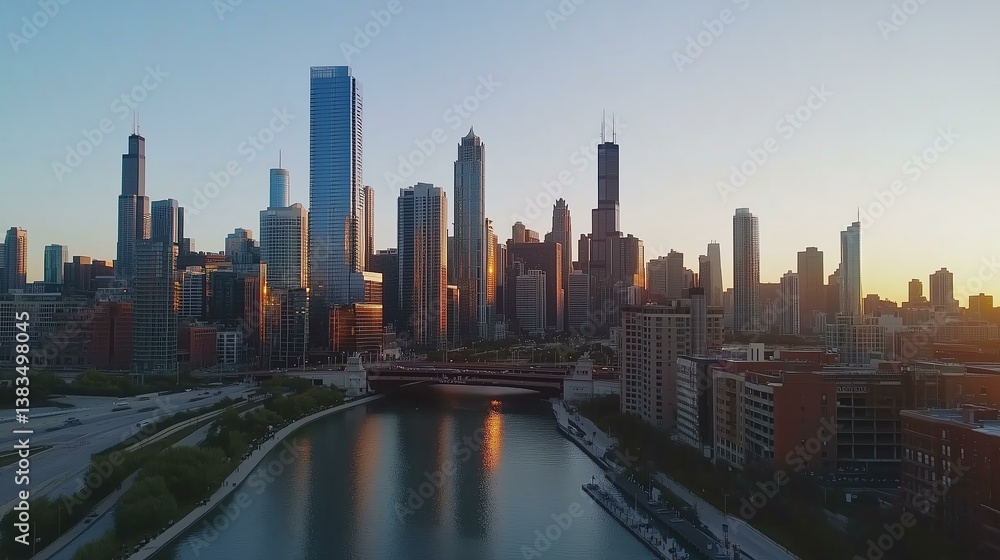 Obraz premium City skyline at sunset reflecting in the river.