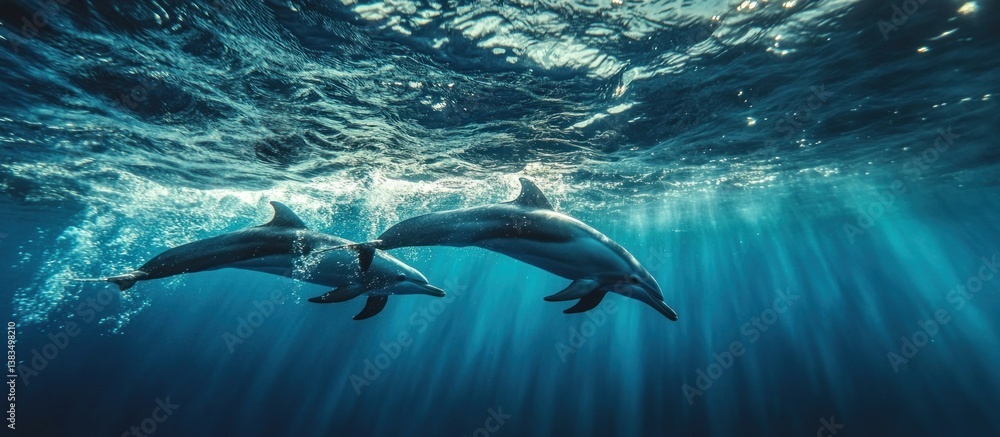 Fototapeta premium Two dolphins swim gracefully in sunlit ocean depths