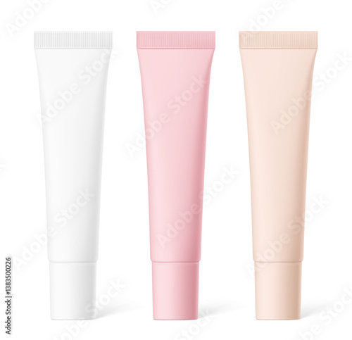 Blank plastic tube mockup for lip balm, eye cream with cap. Front view. Vector illustration isolated on white background. Can be use for your design, advertising, promo and etc. EPS10.