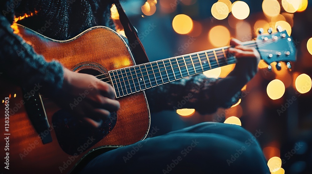 Obraz premium Close-up of hands playing acoustic guitar with bokeh lights.
