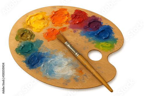  Artist's Palette with Mixed Colors and a Brush, Transparent Background PNG