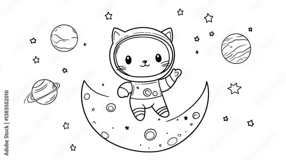 Fototapeta Cute cat astronaut on moon, space background, coloring page, kids activity (1)