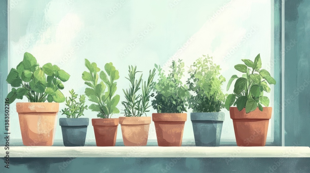 Fototapeta premium Sunlit windowsill with potted herbs