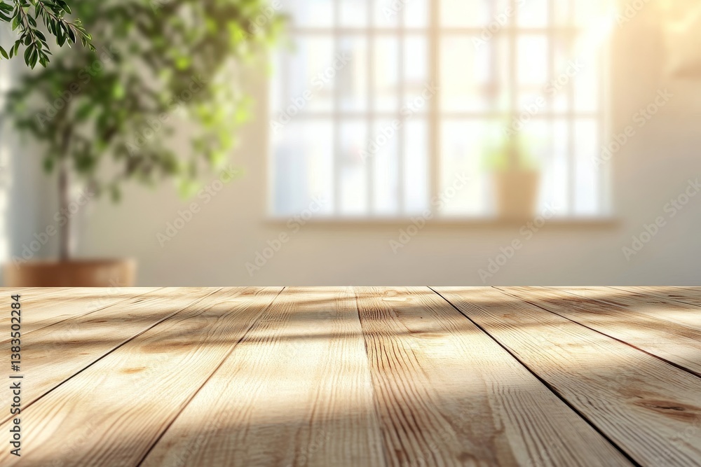 Sunlit wooden table surface with blurred indoor plant and large window background Sunlit wooden table surface with blurred indoor plant and large window background