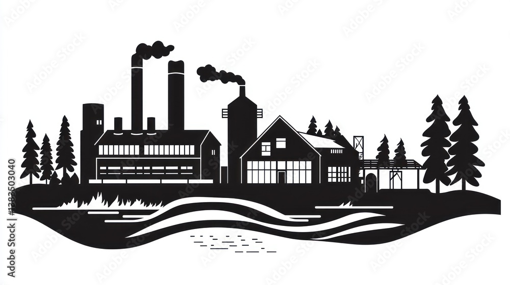 Obraz premium Industrial Landscape Silhouette, Factory Buildings, Forest, Water
