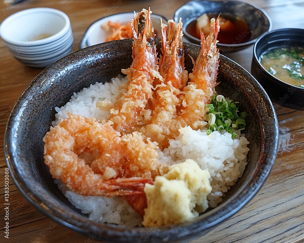 A Bowl Of Rice Topped With Fried Shrimp Tempura A Bowl Of Rice Topped With Fried Shrimp Tempura