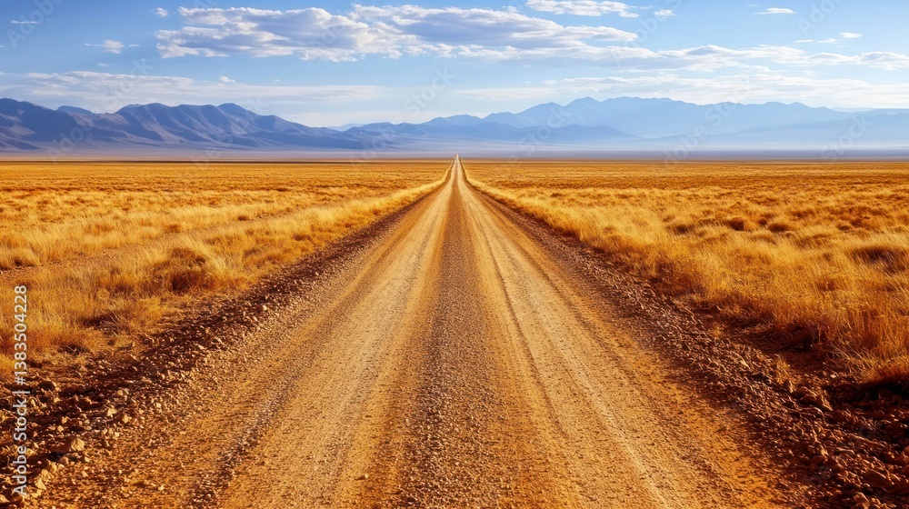 Naklejka premium Desert dirt road stretching into mountain range, sunny day