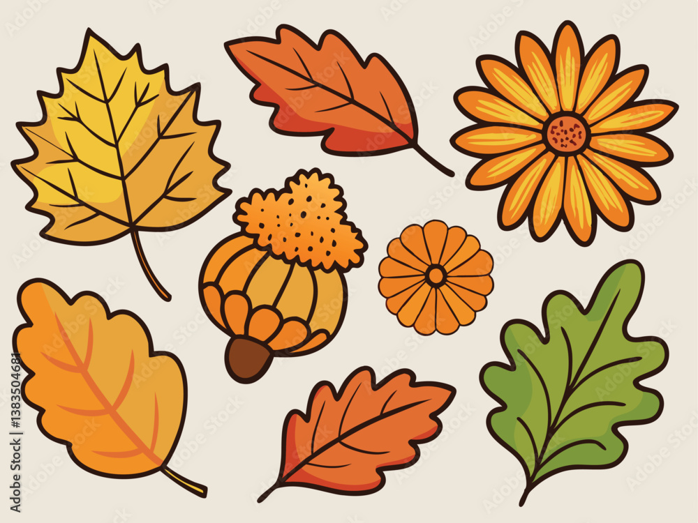 Obraz premium Set of 8 Colorful Vector Icons Depicting Autumn Elements