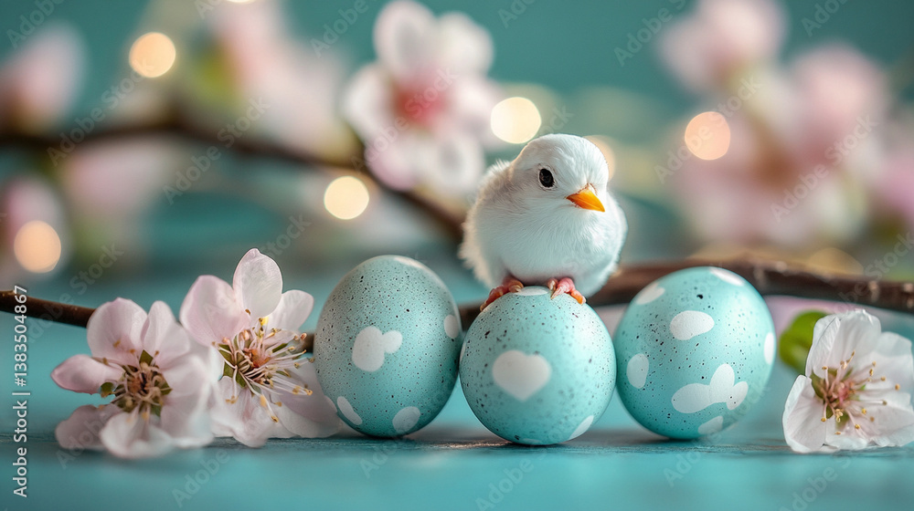Obraz premium Cute chick sitting on decorated blue eggs with blossoms in springtime setting