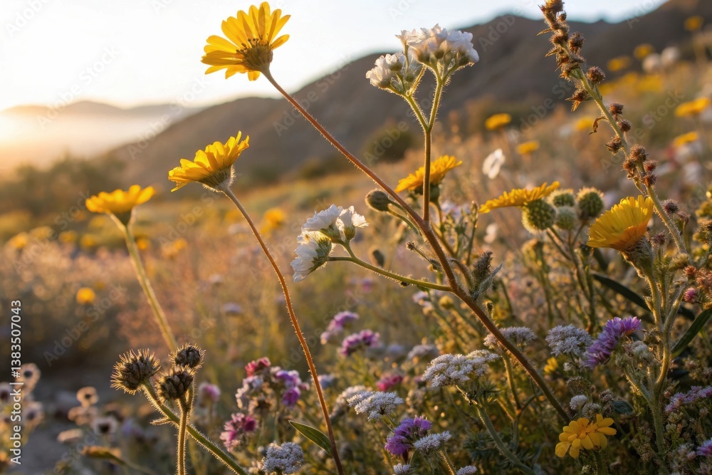 Obraz premium Desert Flower Vibrant wildflowers blooming in a sunlit landscape, showcasing natural beauty and tranquility.