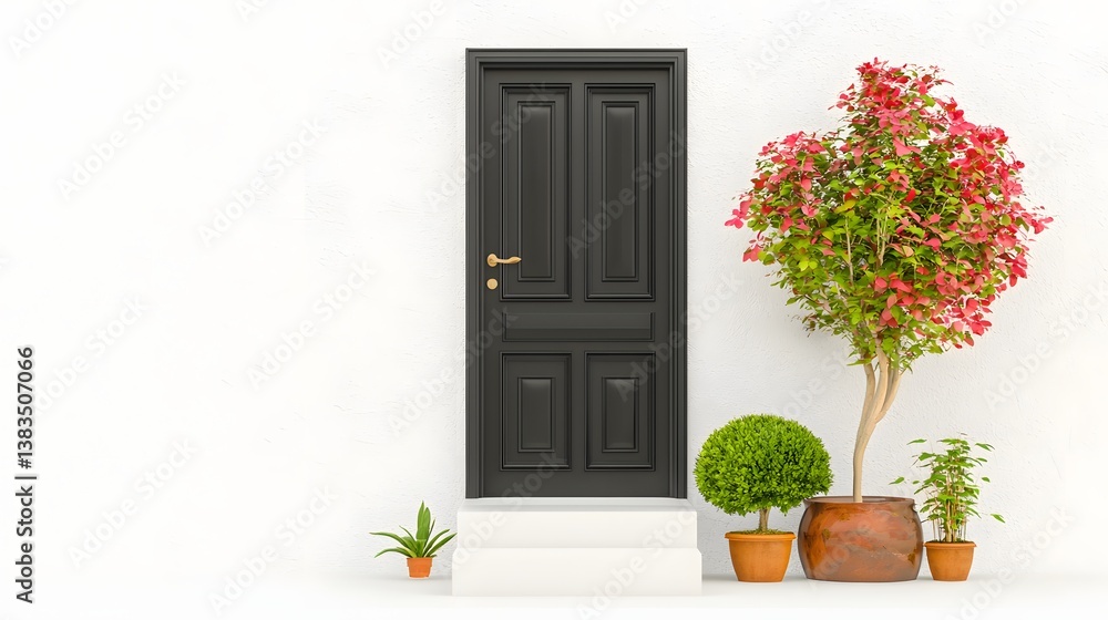 Fototapeta premium Elegant Black Door Surrounded by Lush Greenery and Vibrant Flowering Plants in a Tranquil Garden