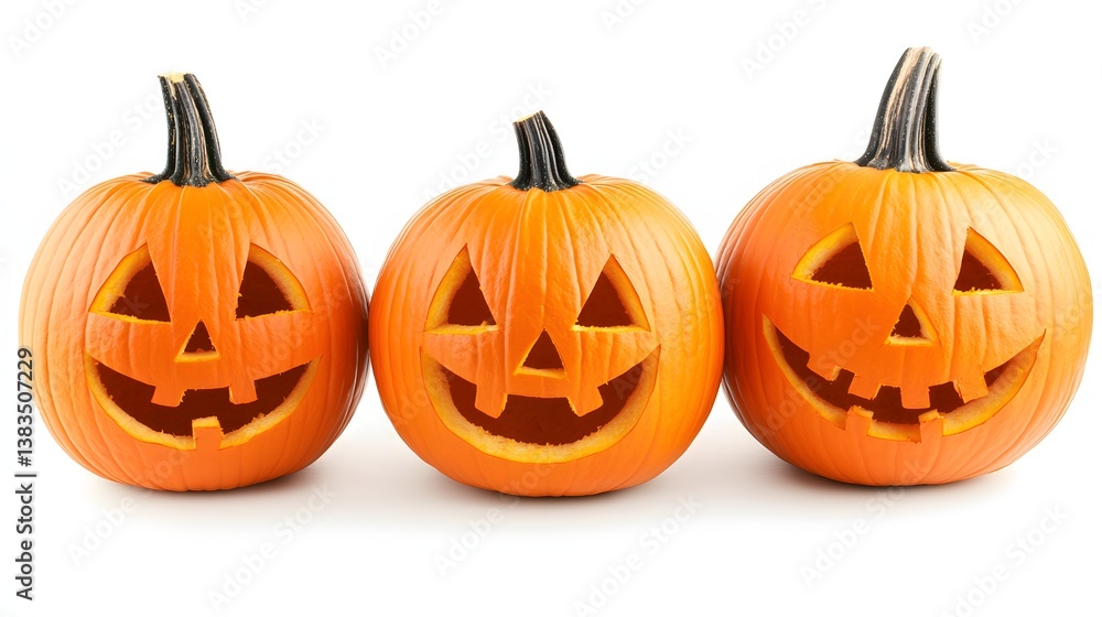 Three Carved Halloween Pumpkins with Smiling Faces Isolated on White Background Three Carved Halloween Pumpkins with Smiling Faces Isolated on White Background