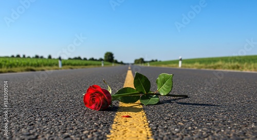 Red rose lying on an empty road against a clear blue sky  
