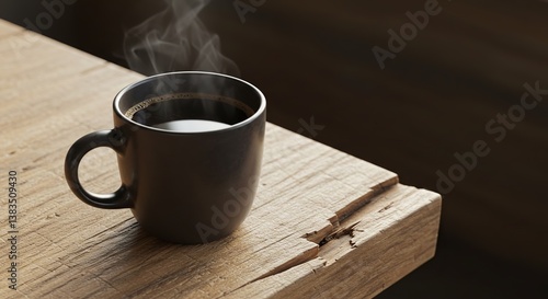 Black coffee cup steaming on a wooden table  
