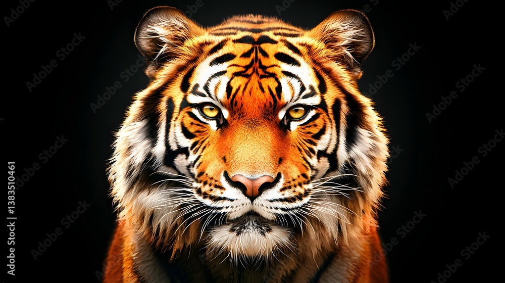 Naklejka premium Majestic Portrait of a Tiger with Striking Orange Fur and Intense Eyes Against Dark Background