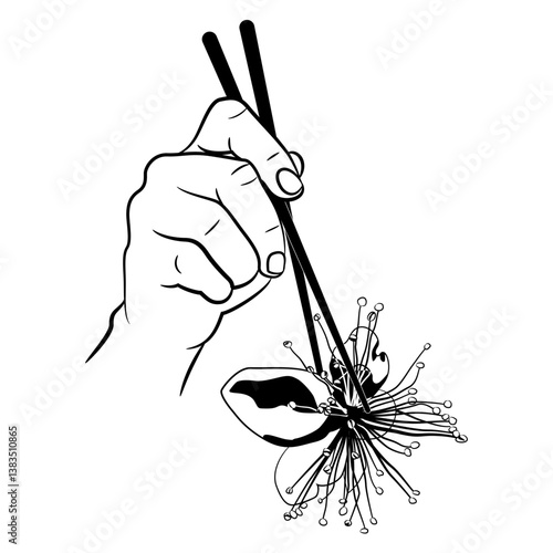 Human hand holding single flower of feijoa plant with chopsticks. Creative funny vegetarian food design. Black and white silhouette. 