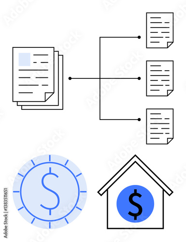 Documents linked in hierarchical flow, blue coin with dollar symbol, house with dollar icon. Ideal for finance, property management, asset tracking, data flow, decision-making, ownership flat simple