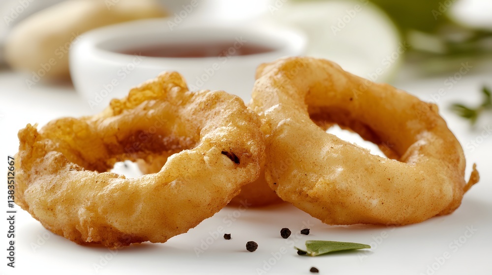 Fried Crispy Onion Rings Served on a White Plate with Sweet Dipping Sauce in Background Fried Crispy Onion Rings Served on a White Plate with Sweet Dipping Sauce in Background