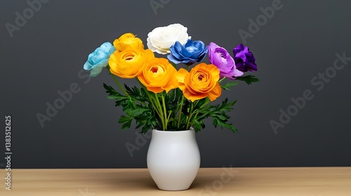 Wallpaper Mural Vibrant Floral Arrangement of Colorful Ranunculus Flowers in a White Vase on Wooden Table Torontodigital.ca