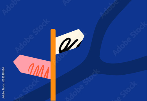 Minimalistic illustration with a signpost and a road dividing into two. A metaphor for choosing and finding a solution.