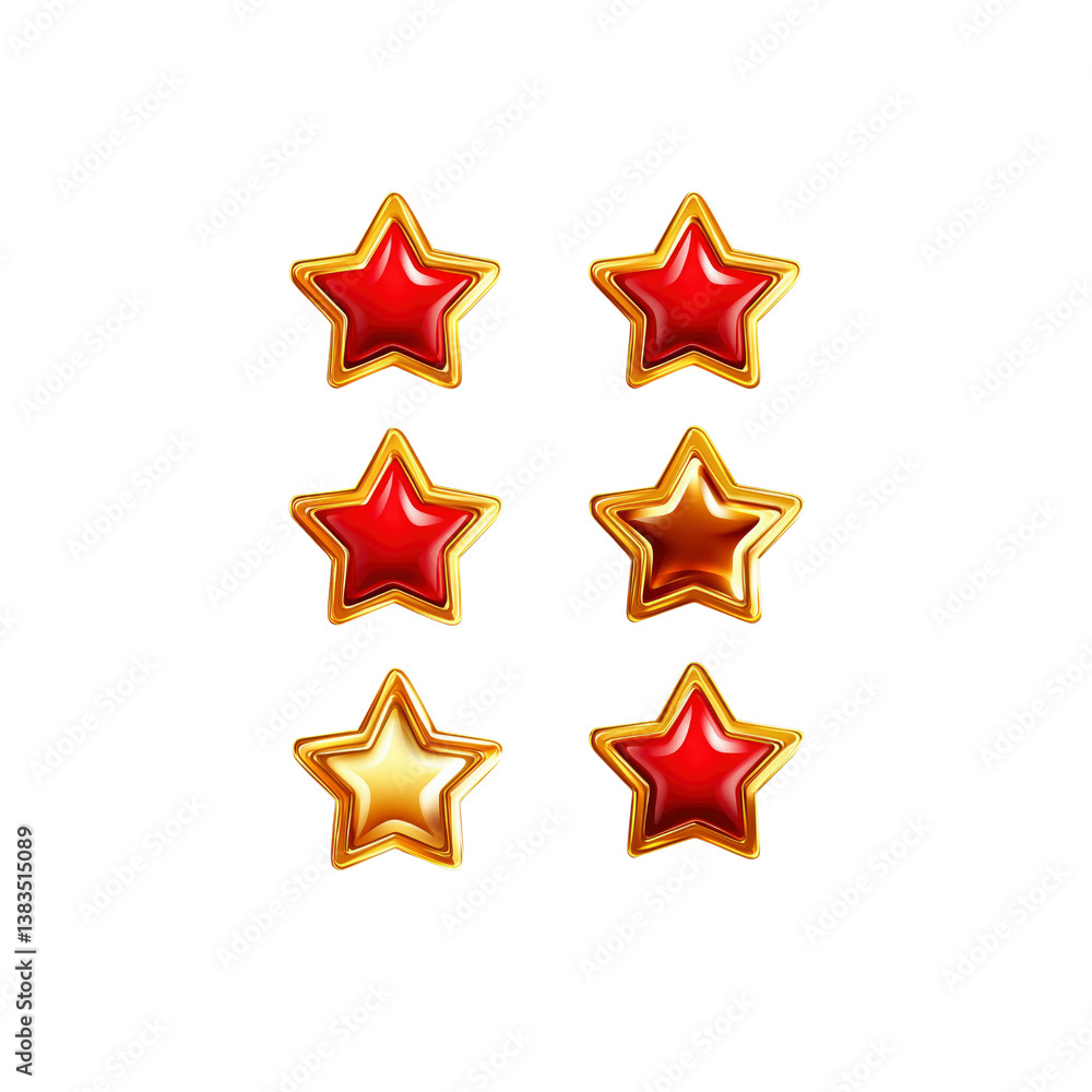 Six Shiny Gold and Red Stars, Rating, Review, Game, Award, UI Elements Six Shiny Gold and Red Stars, Rating, Review, Game, Award, UI Elements