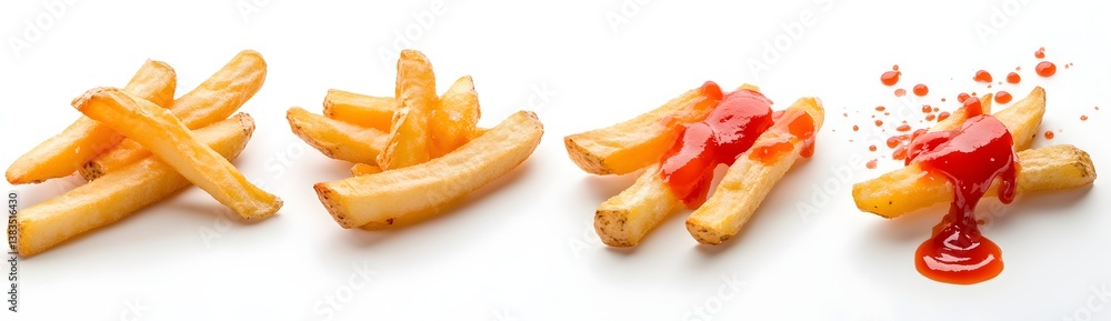 Plate of Crispy French Fries with Various Ketchup Arrangements on a White Background Plate of Crispy French Fries with Various Ketchup Arrangements on a White Background