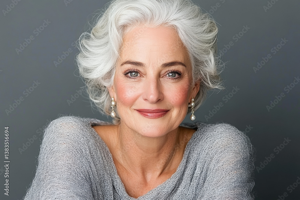 A serene portrait of an older woman with curly gray hair, wearing a cozy sweater and smiling gently. A serene portrait of an older woman with curly gray hair, wearing a cozy sweater and smiling gently.