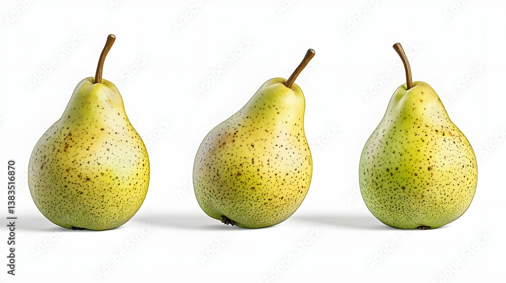 Three Fresh Green Pears Arranged Symmetrically on White Background Highlighting Natural Texture Three Fresh Green Pears Arranged Symmetrically on White Background Highlighting Natural Texture