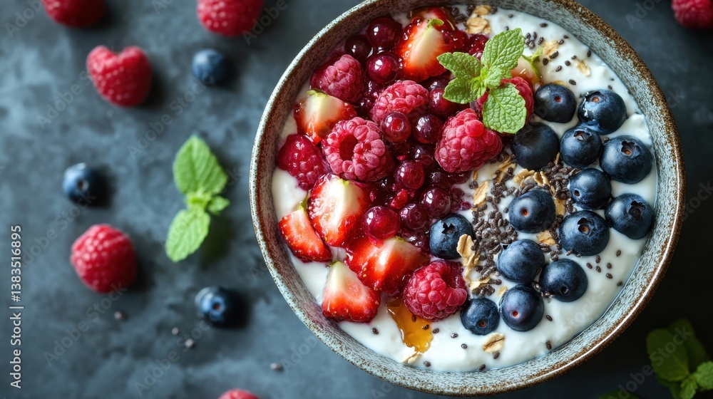 A colorful bowl of yogurt topped with fresh berries and mint leaves. A colorful bowl of yogurt topped with fresh berries and mint leaves.