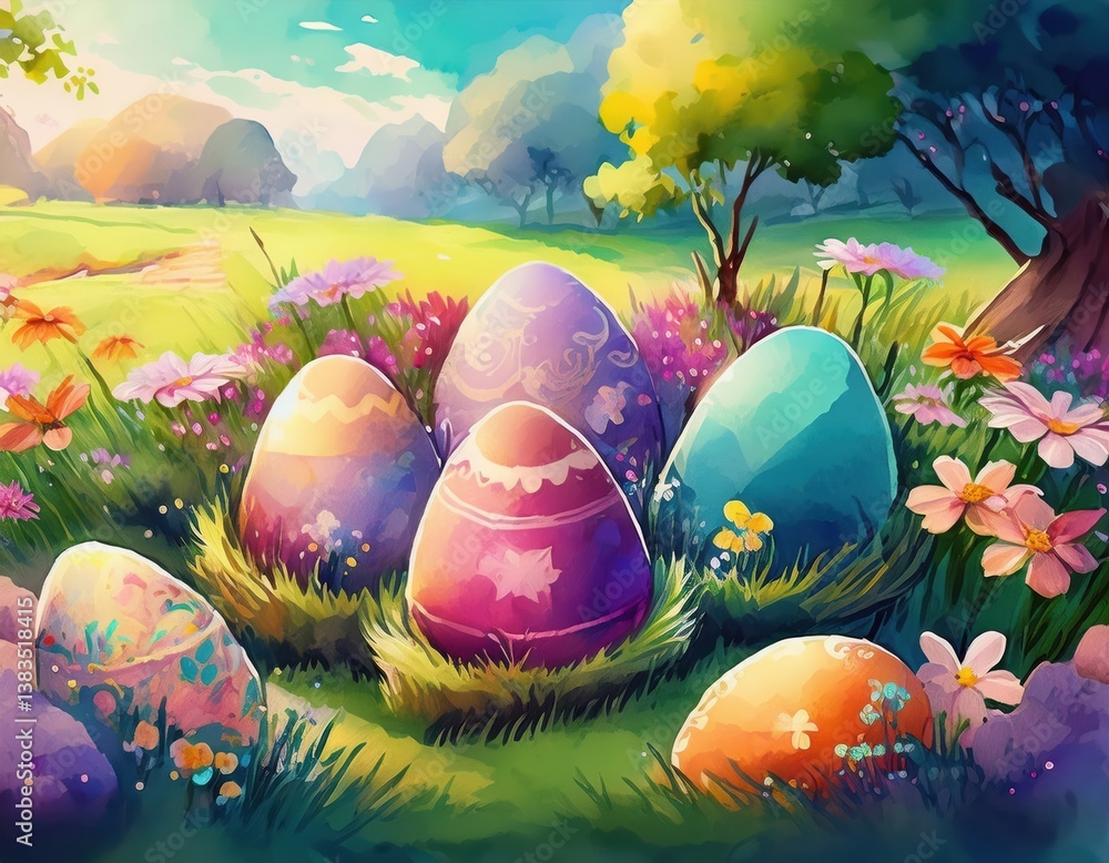 Fototapeta premium Easter eggs in various colors are surrounded by blooming flowers in a sunny spring meadow.