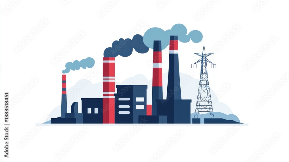 Obraz premium Industrial Plant Emission, Factory Background, Power Line, Environmental Impact