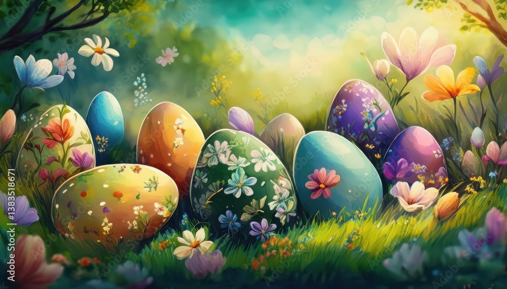 Fototapeta premium Vibrant Easter eggs rest amidst a field of colorful flowers in a peaceful spring setting.