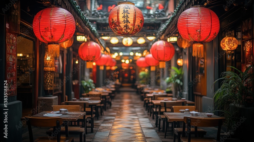 Asian restaurant alleyway with red lanterns Asian restaurant alleyway with red lanterns