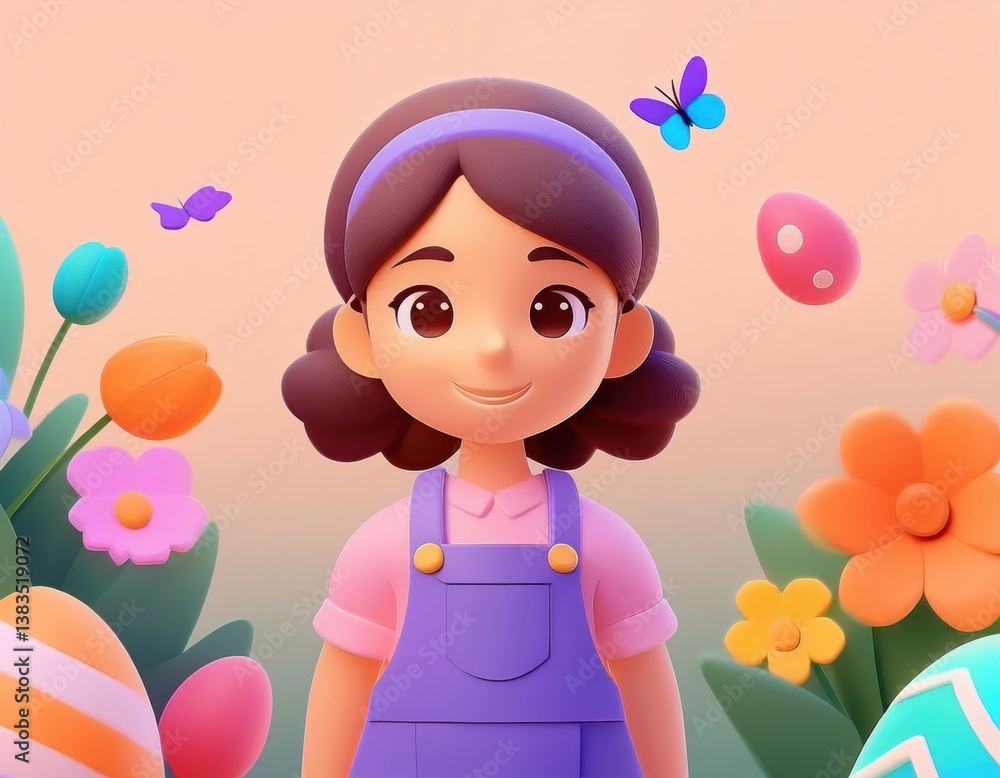 Fototapeta premium A joyful child delights in Easter's colors among blooming flowers and playful eggs.